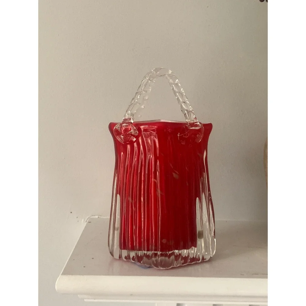 Hand Blown Red Glass Purse Vase Gold‎ Aventurine Flecks Ribbed Art Glass Handbag